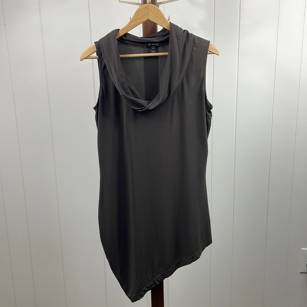 St. John Brown Cowl Neck Asymmetric Hem Sleeveless Cocktail Dress